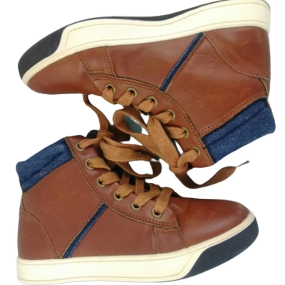 Steve Madden Brown Leather Denim Trim Boots Kids Casual Mountain Outdoor Shoes